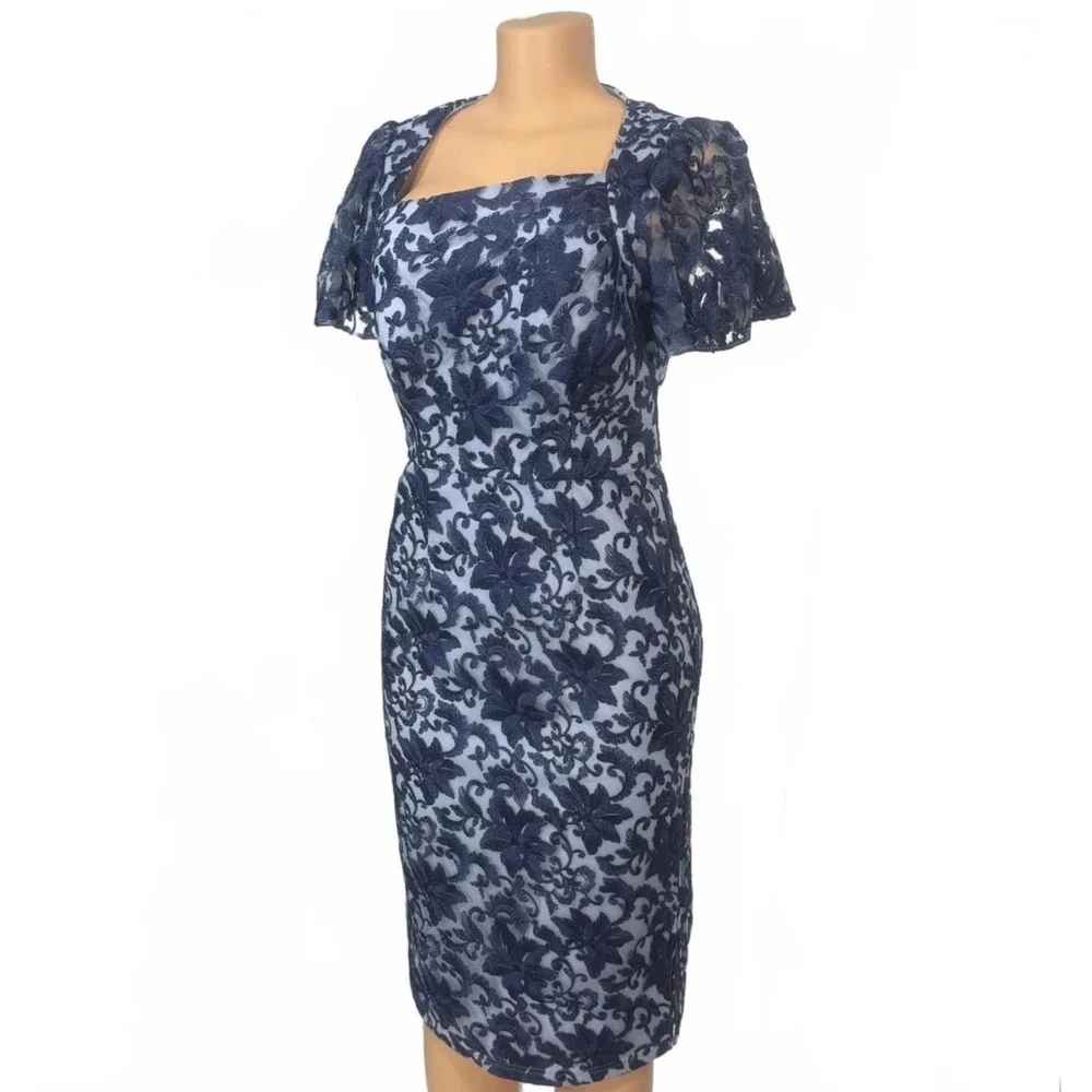 JS Collections Navy Lace Overlay Square Neck‎ Dress Short Flutter Sleeves Size 4